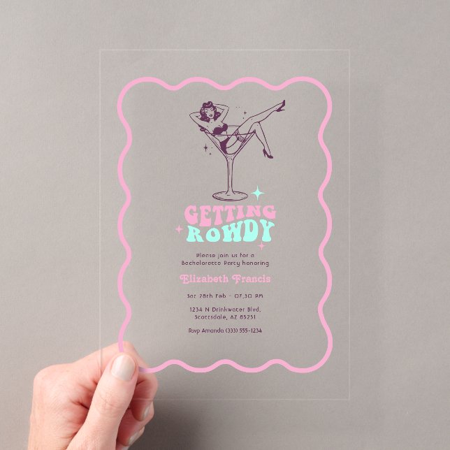 Getting Rowdy Retro Martini Bachelorette Party Acrylic Invitations (Insitu (Handheld))