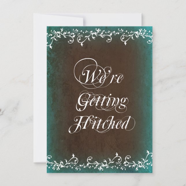 Gettting Hitched Aqua Brown Wedding Invitations (Front)
