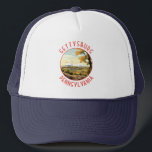 Gettysburg Pennsylvania Retro Distressed Circle Trucker Hat<br><div class="desc">Gettysburg retro vector travel design in an emblem style. It’s known for Gettysburg National Battlefield,  site of a turning point in the Civil War,  now part of Gettysburg National Military Park.</div>