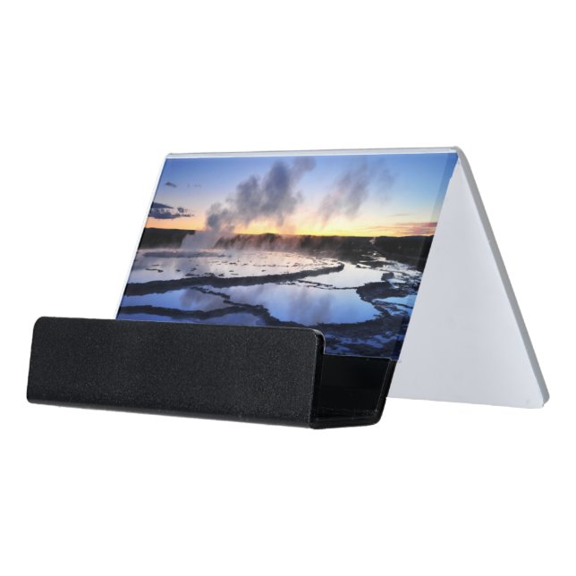 Geyser Smoke at Sunset Desk Business Card Holder (Angled Front)