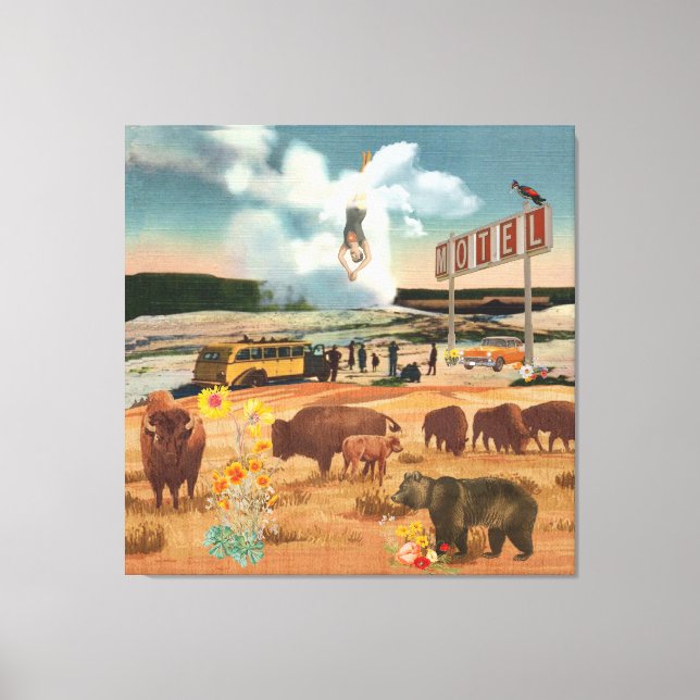 Geyser Tour with Buffalo & Bear Surreal Collage Canvas Print (Front)