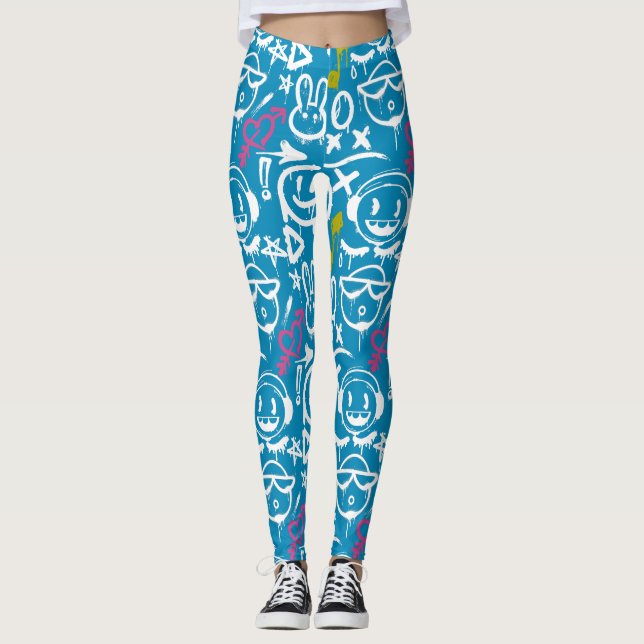 GFT02-Graffiti Mainly White.Blue BG Leggings (Front)