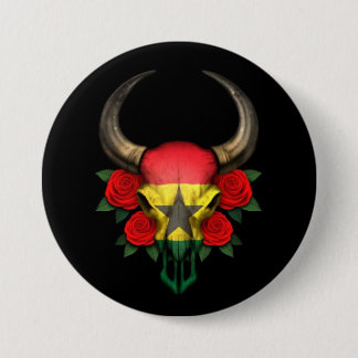 Ghana Flag Bull Skull with Red Roses Pinback Button