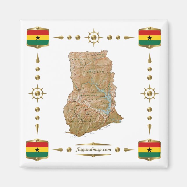 Ghana Map + Flags Magnet (Front)