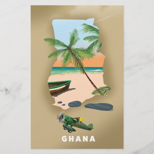 Ghana map illustrated travel poster. (Front)