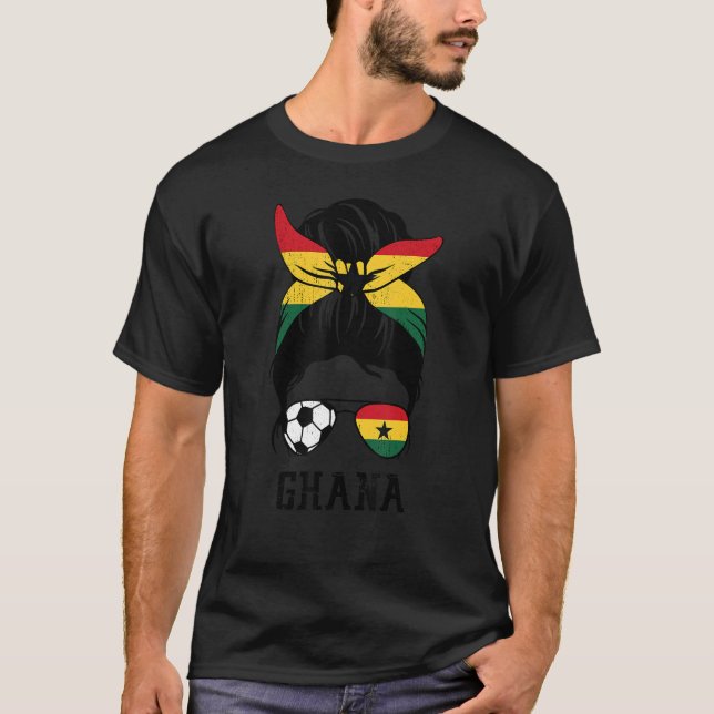 Ghanaian Soccer Girl Mom Messy Bun Ghana Flag Foot T-Shirt (Front)