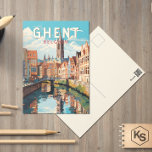 Ghent Belgium Travel Art Vintage Postcard<br><div class="desc">Ghent retro vector travel design. Ghent is well known for its large public squares and marketplaces,  chief among which is the Vrijdagmarkt (“Friday Market”),  the centre of the life of the medieval city.</div>