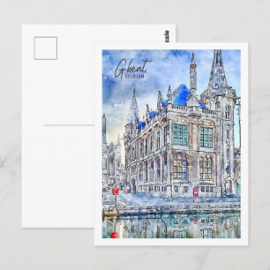 Ghent Belgium Travel Place Watercolor Postcard