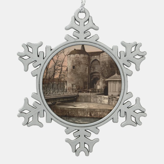 Ghent Gate, Bruges, Belgium Snowflake Pewter Christmas Ornament (Front)