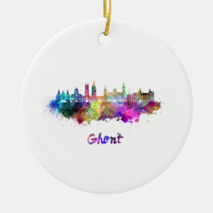 Ghent skyline in watercolor ceramic ornament