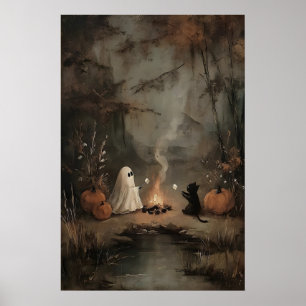 Ghost And Black Cat By Campfire With Marshmallows Poster