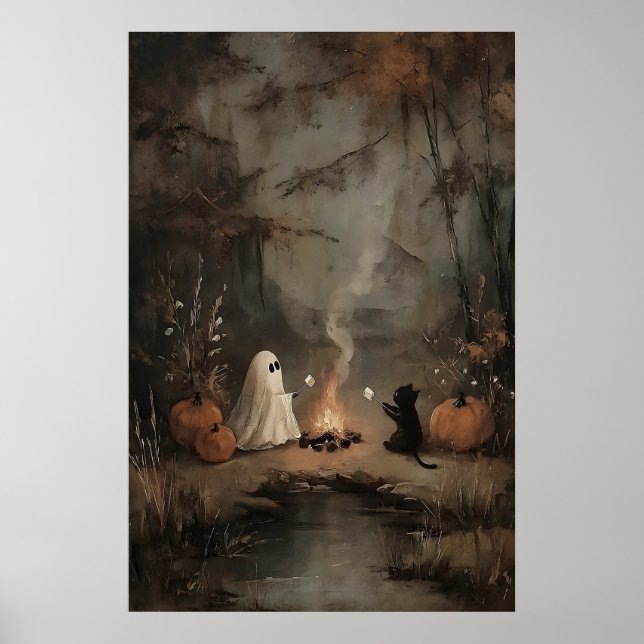 Ghost And Black Cat By Campfire With Marshmallows Poster (Front)