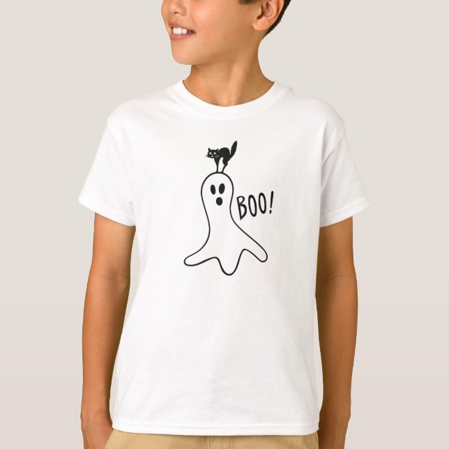 Ghost and Black Cat Halloween Cute T-Shirt (Front)