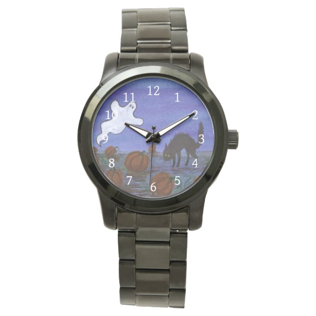 Ghost and Black Cat in the Pumpkin Patch Halloween Watch (Front)