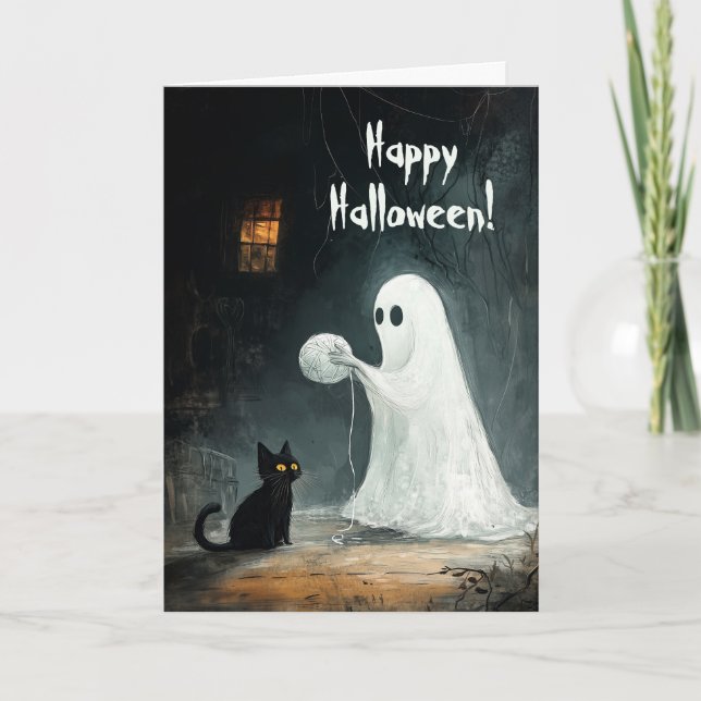 Ghost and Black Cat Play Thank You Card (Front)