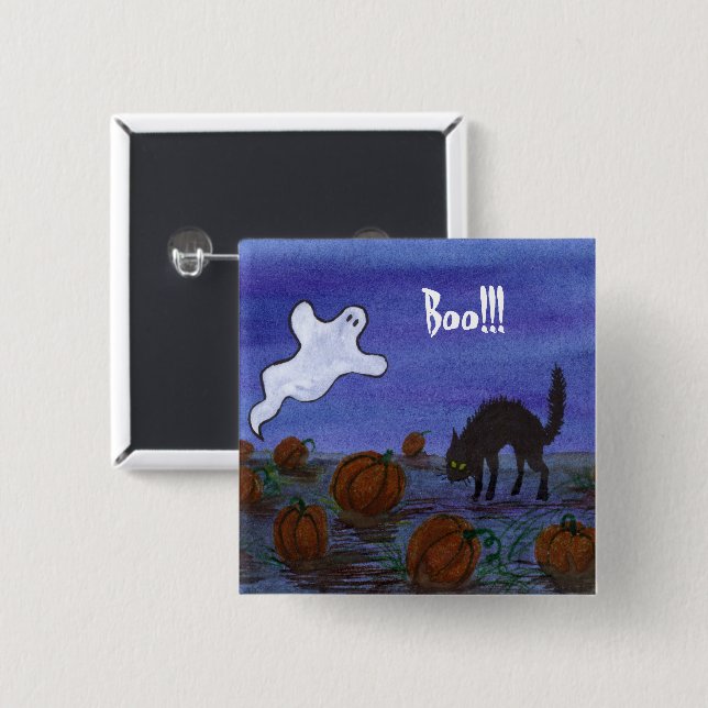Ghost and Black Cat Pumpkin Patch Button (Front & Back)