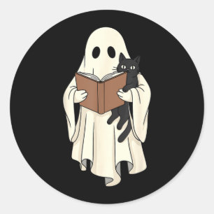 Ghost And Black Cat Reading Halloween Classic Round Sticker