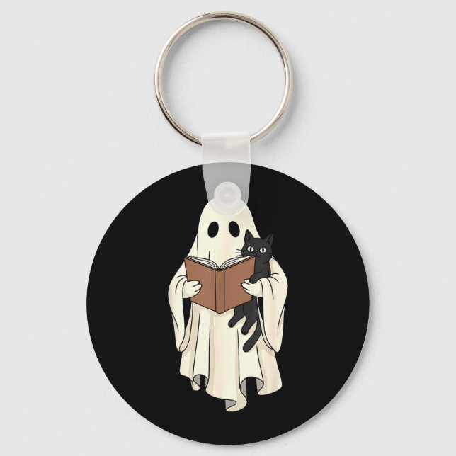 Ghost And Black Cat Reading Halloween Keychain (Front)