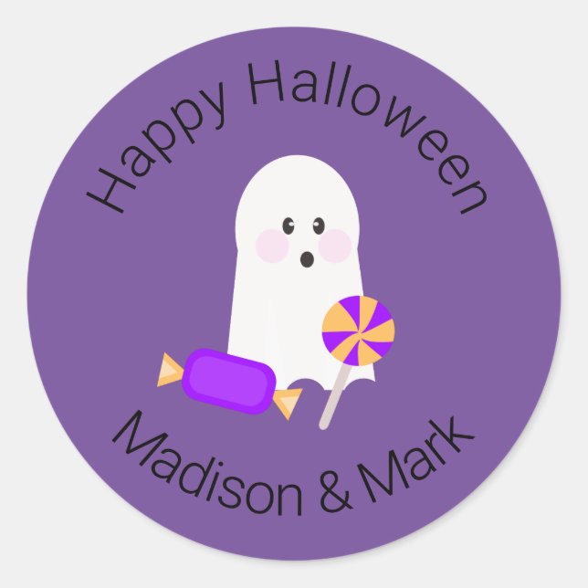 Ghost and Candy  Halloween Favor Classic Round Sticker (Front)