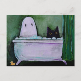 Ghost and Cat in Bathtub Funny Whimsical Art Postcard