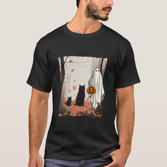 Ghost And Cats In Forest Fall Autumn Halloween Cos T-Shirt (Front)