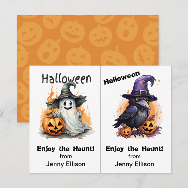 Ghost and Crow School Party Halloween Card (Front/Back)