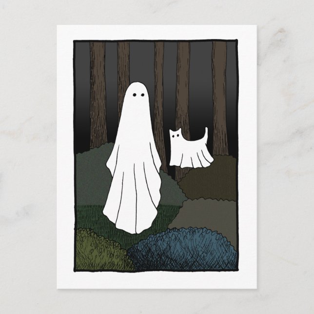 Ghost and Ghost Cat in the woods funny creepy cute Postcard (Front)