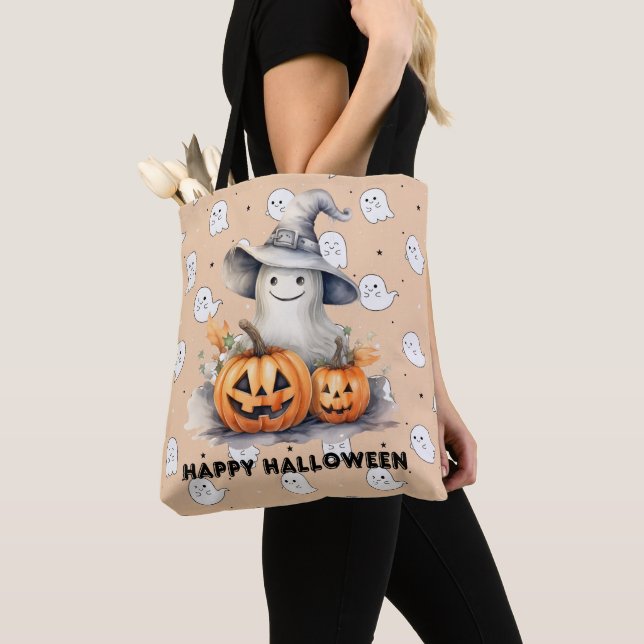 Ghost and Jack-O' Lanterns Light Orange Halloween Tote Bag (Close Up)