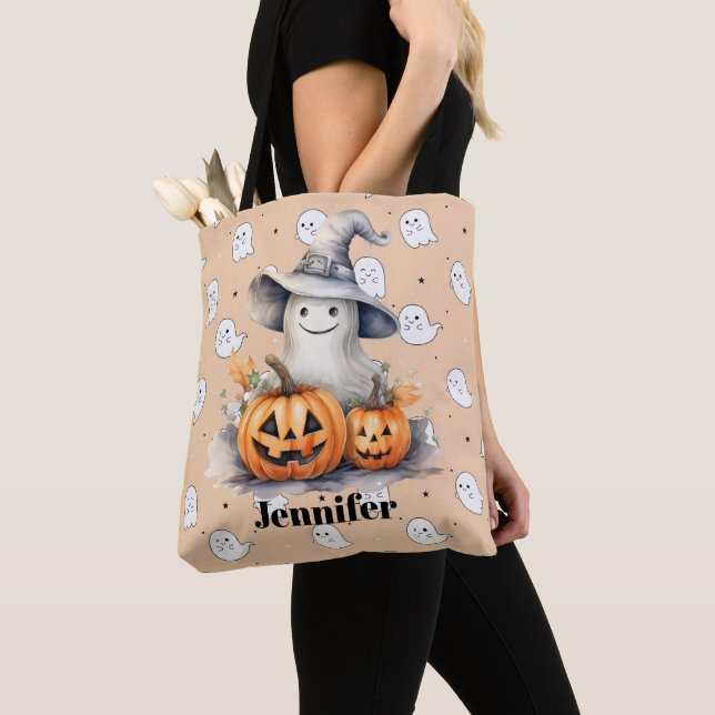Ghost and Jack-O' Lanterns Light Orange Halloween Tote Bag (Close Up)