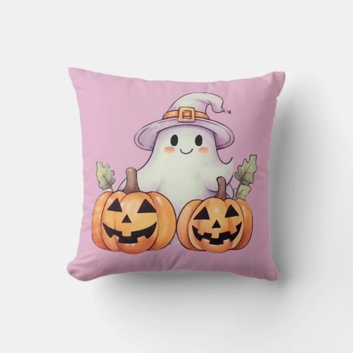 Ghost and Jack_O Lanterns Purple Halloween Throw Pillow
