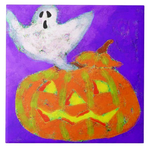 Ghost and Pumpkin Abstract Halloween Art Ceramic Tile