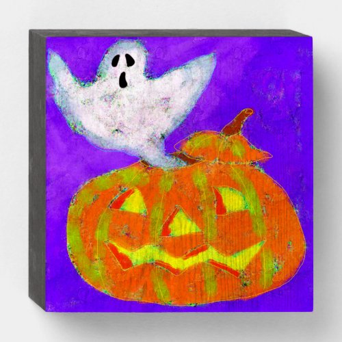 Ghost and Pumpkin Abstract Halloween Art Wooden Box Sign