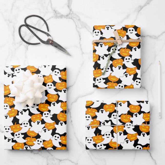 Ghost and Pumpkin Halloween Pattern Wrapping Paper Sheets (Front)