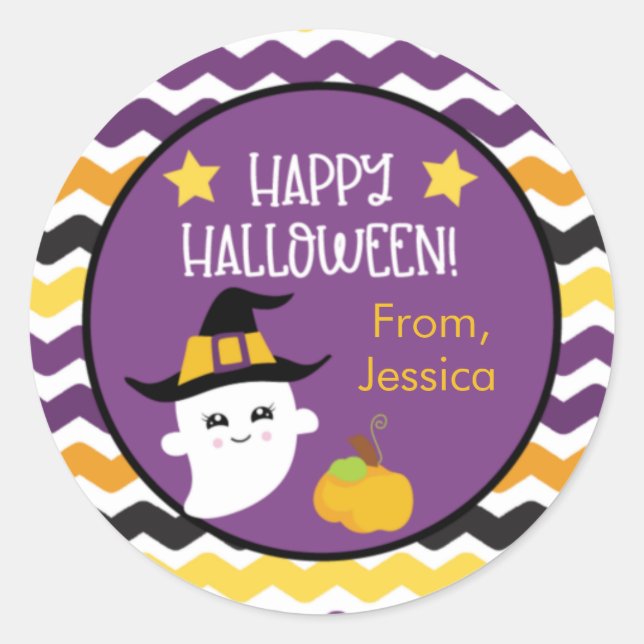 Ghost and Pumpkin Kids Halloween Classic Round Sticker (Front)