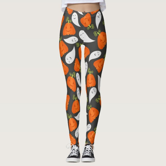 Ghost And Pumpkin Pattern Leggings (Front)