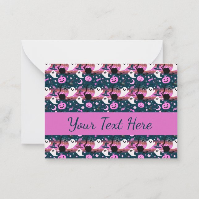 Ghost and Pumpkin Pink and Blue Pattern Note Card (Front)