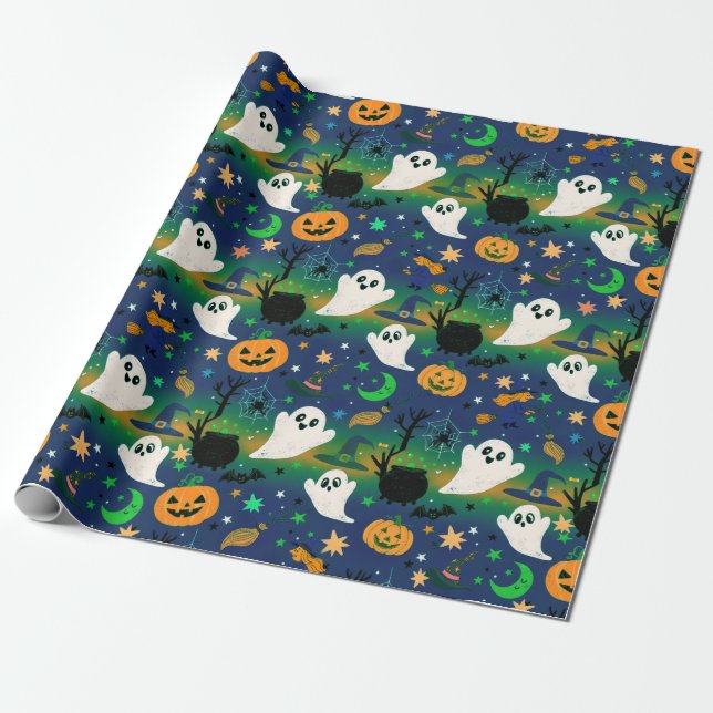 Ghost and Pumpkins, Blue with Green Pattern Wrapping Paper (Unrolled)