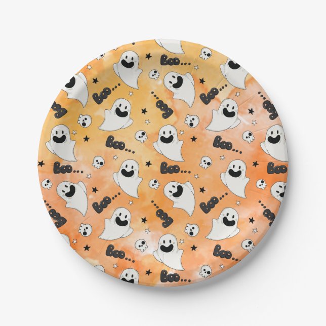 Ghost and Skulls Halloween Little Boo Baby Shower Paper Plates (Front)