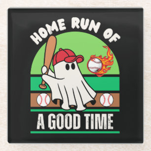 Ghost Baseball Player Halloween Glass Coaster