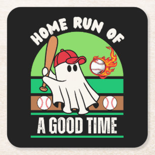 Ghost Baseball Player Halloween Square Paper Coaster