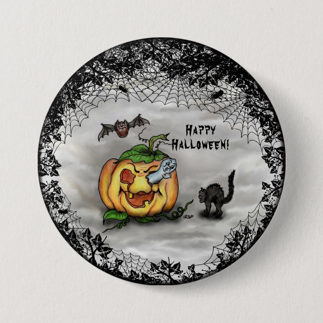 Ghost, Bat and Cat, Happy Halloween! Button (Front)