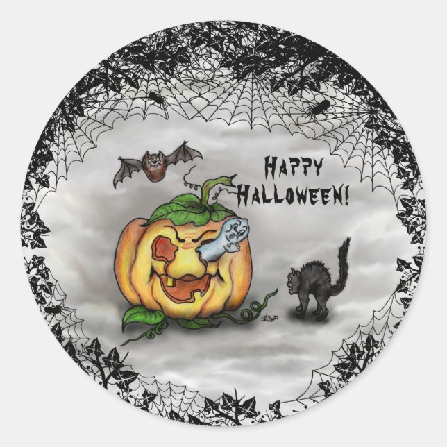 Ghost, Bat and Cat, Happy Halloween! Classic Round Sticker (Front)