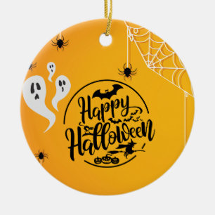 GHOST BAT SPIDER WEB ILLUSTRATION HALLOWEEN CERAMIC ORNAMENT