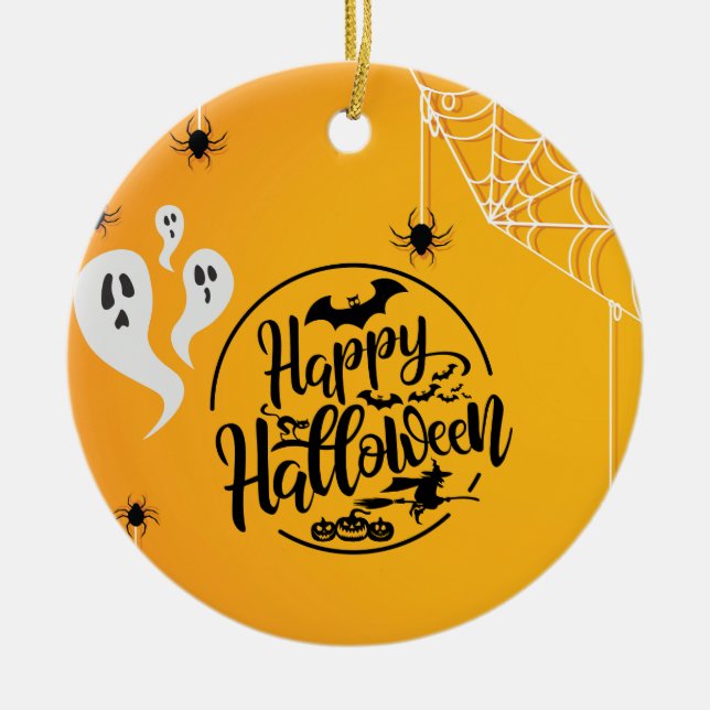 GHOST BAT SPIDER WEB ILLUSTRATION HALLOWEEN CERAMIC ORNAMENT (Front)