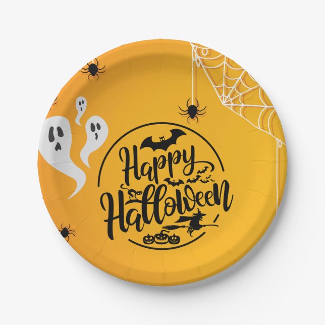 GHOST BAT SPIDER WEB ILLUSTRATION HALLOWEEN PAPER PLATES (Front)