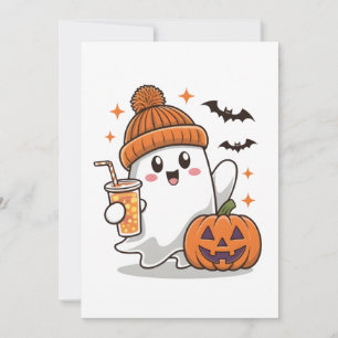 Ghost, Bats, Pumpkin And Drink, Cute Halloween Holiday Card