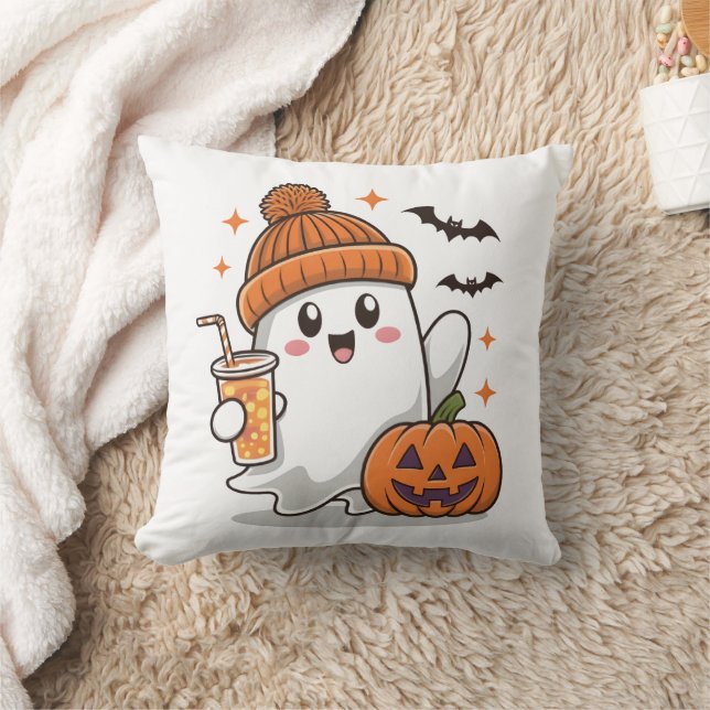 Ghost, Bats, Pumpkin And Drink, Cute Halloween Throw Pillow (Blanket)
