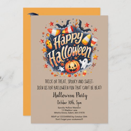 Ghost Bats Trick or Treat Pumpkin Halloween Party  Invitation