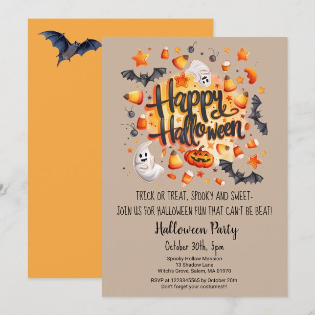Ghost Bats Trick or Treat Pumpkin Halloween Party  Invitation (Front/Back)