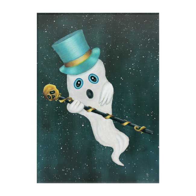 Ghost Big Blue Eyes Top Hat Ornate Cane With Skull